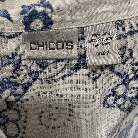 Chicos Linen Top Shirt Womens Sz 2‎ US 12 White Blue Paisley Floral Roll Tab - Picture 3 of 7
